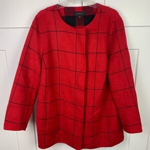 Talbots Size 16 Red Black Windowpane Plaid Wool Blend Collarless Blazer Jacket